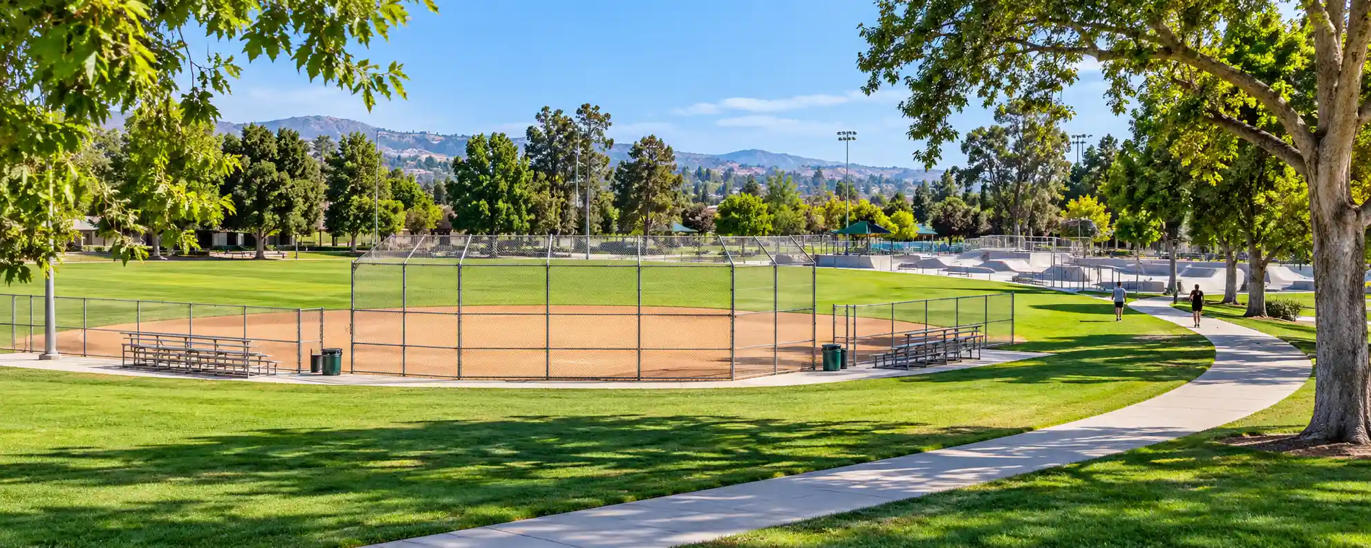 Baseball field and walking trail at La Puente Park on Glendora Avenue in La Puente, CA