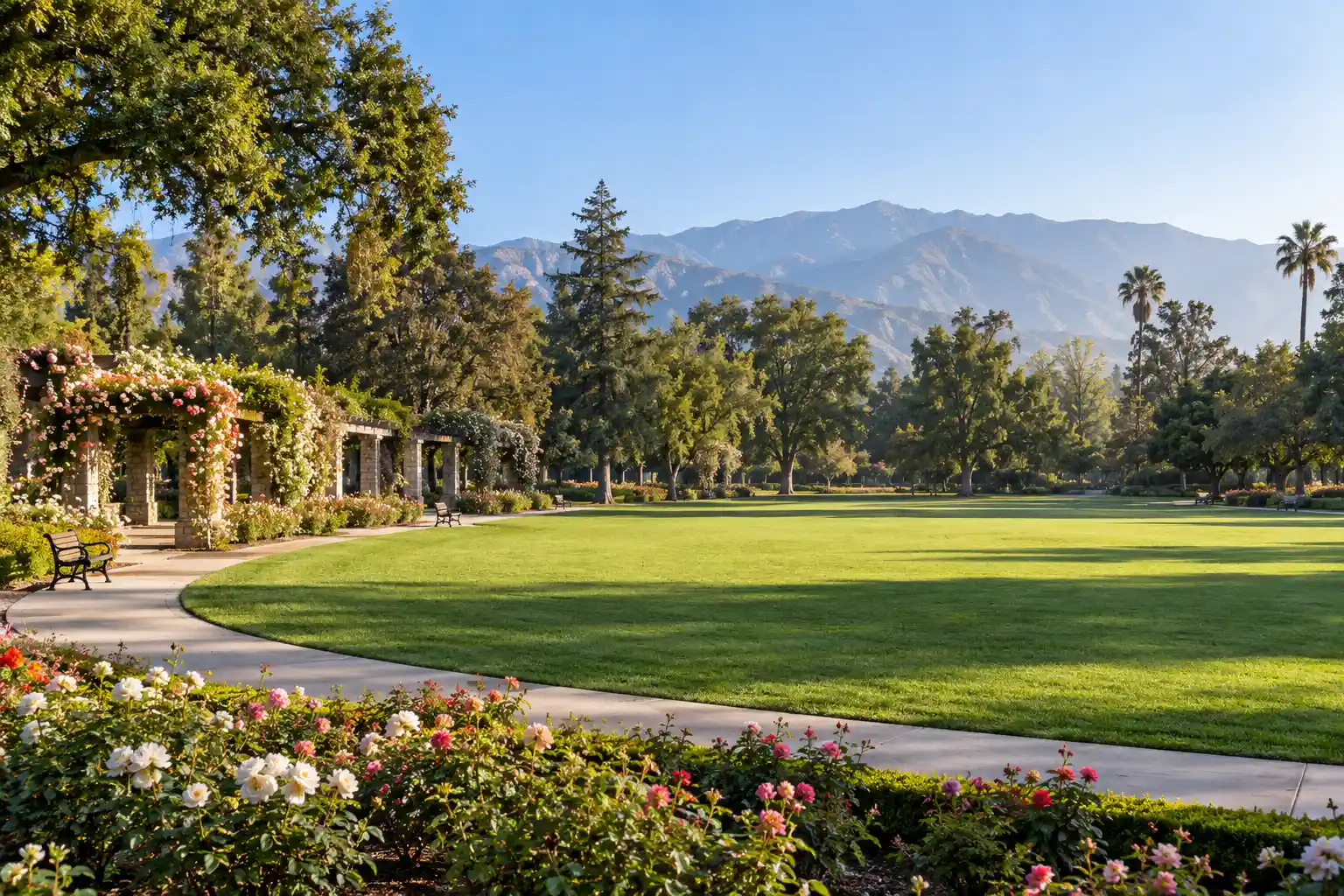 Lacy Park lawn and walking loop with the San Gabriel Mountains behind, San Marino, CA