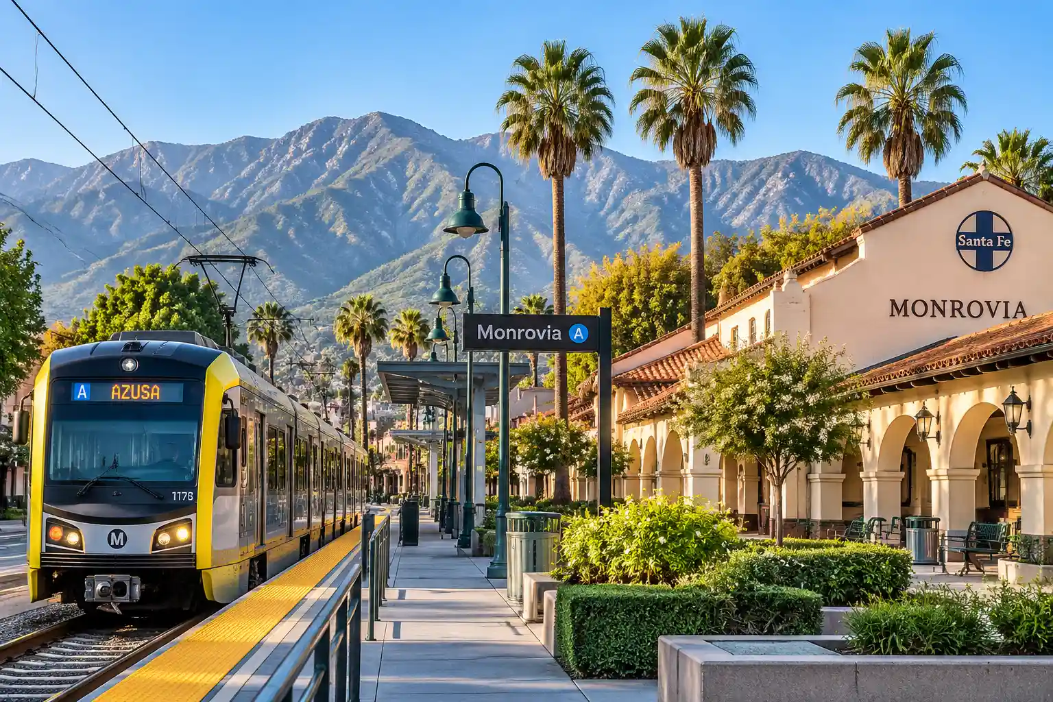 Metro A Line train at Monrovia station beside the historic Santa Fe depot in Station Square