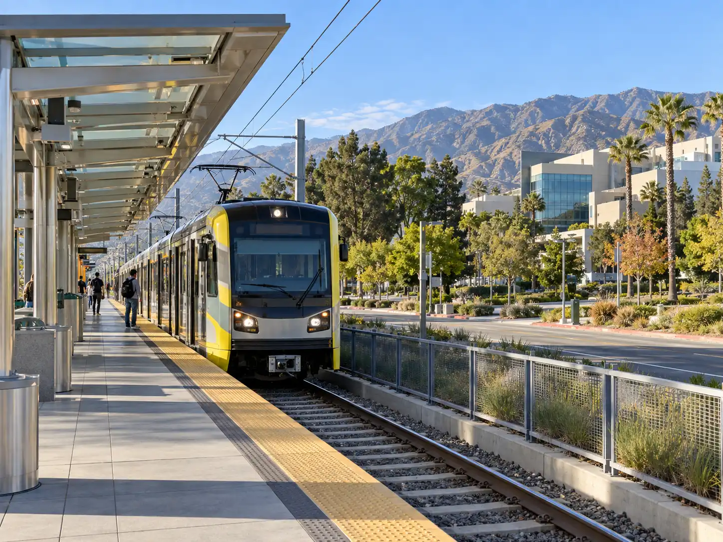 Metro A Line light rail train at the Duarte/City of Hope station in Duarte, California, with the San Gabriel Mountains behind