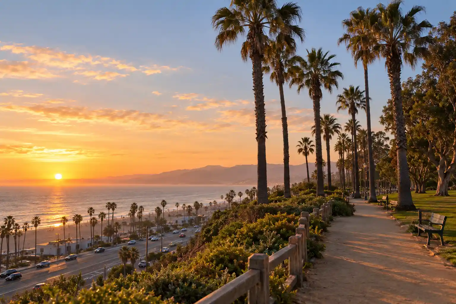 SEO Agency In Santa Monica, CA 4 Palm trees in Palisades Park on Ocean Avenue at sunset, Santa Monica, CA