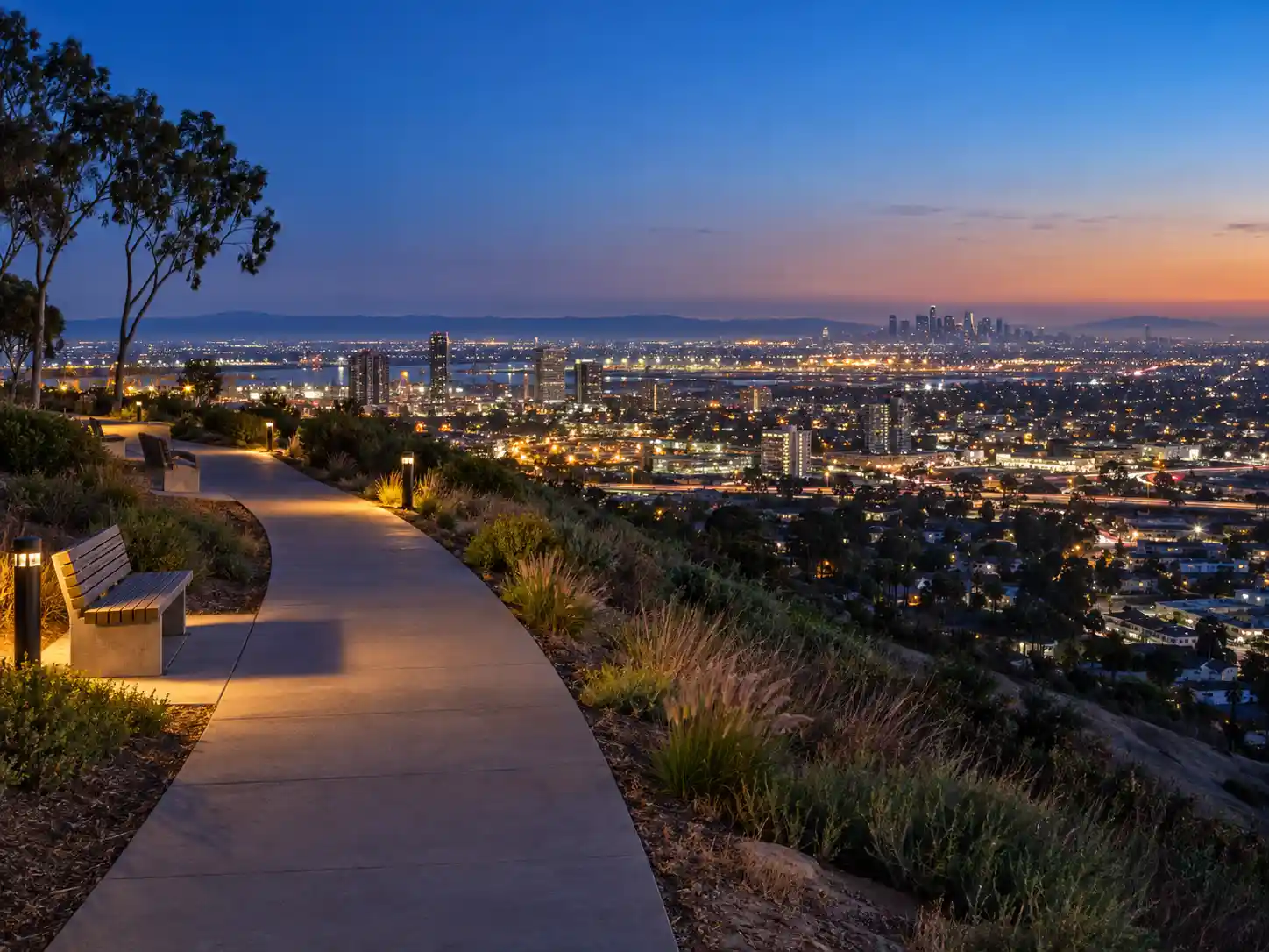 SEO Agency In Signal Hill, CA 3 Panorama Promenade trail at dusk above the city lights in Signal Hill, CA