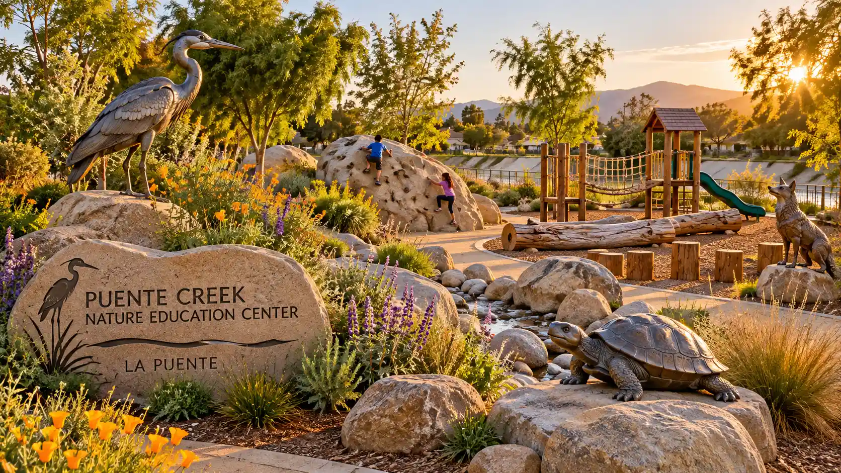 Climbing boulders and animal sculptures at Puente Creek Nature Education Center in La Puente, California