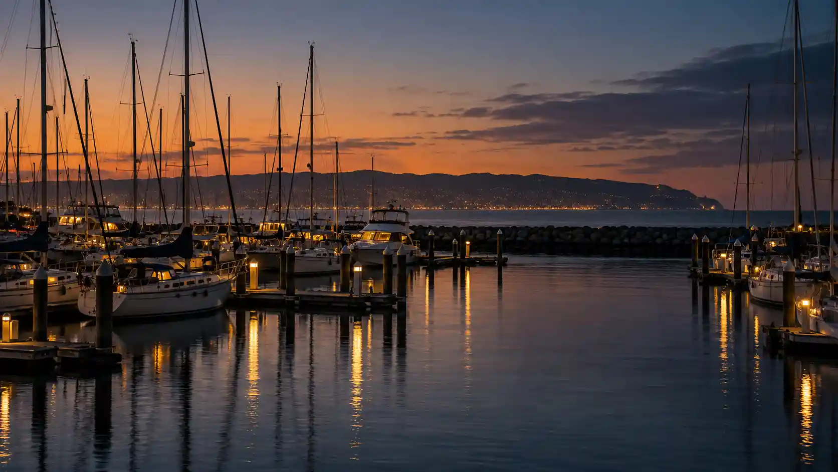 Sailboats docked in King Harbor marina at dusk in Redondo Beach, CA