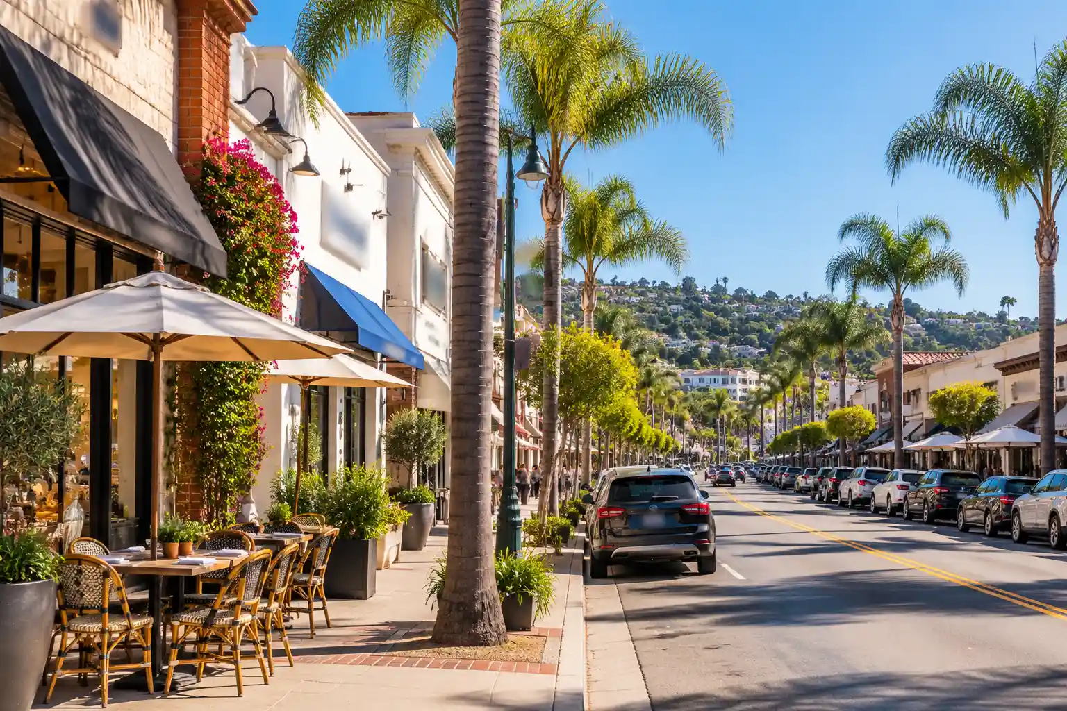 Shops and palm trees on South Catalina Avenue in Riviera Village, Redondo Beach, CA