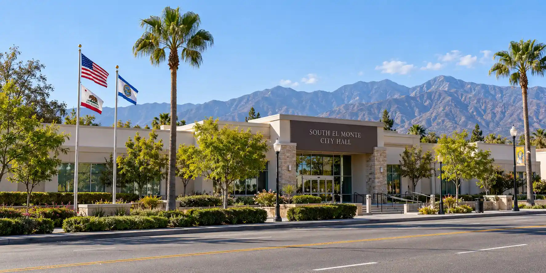 South El Monte City Hall on Santa Anita Avenue with the San Gabriel Mountains behind