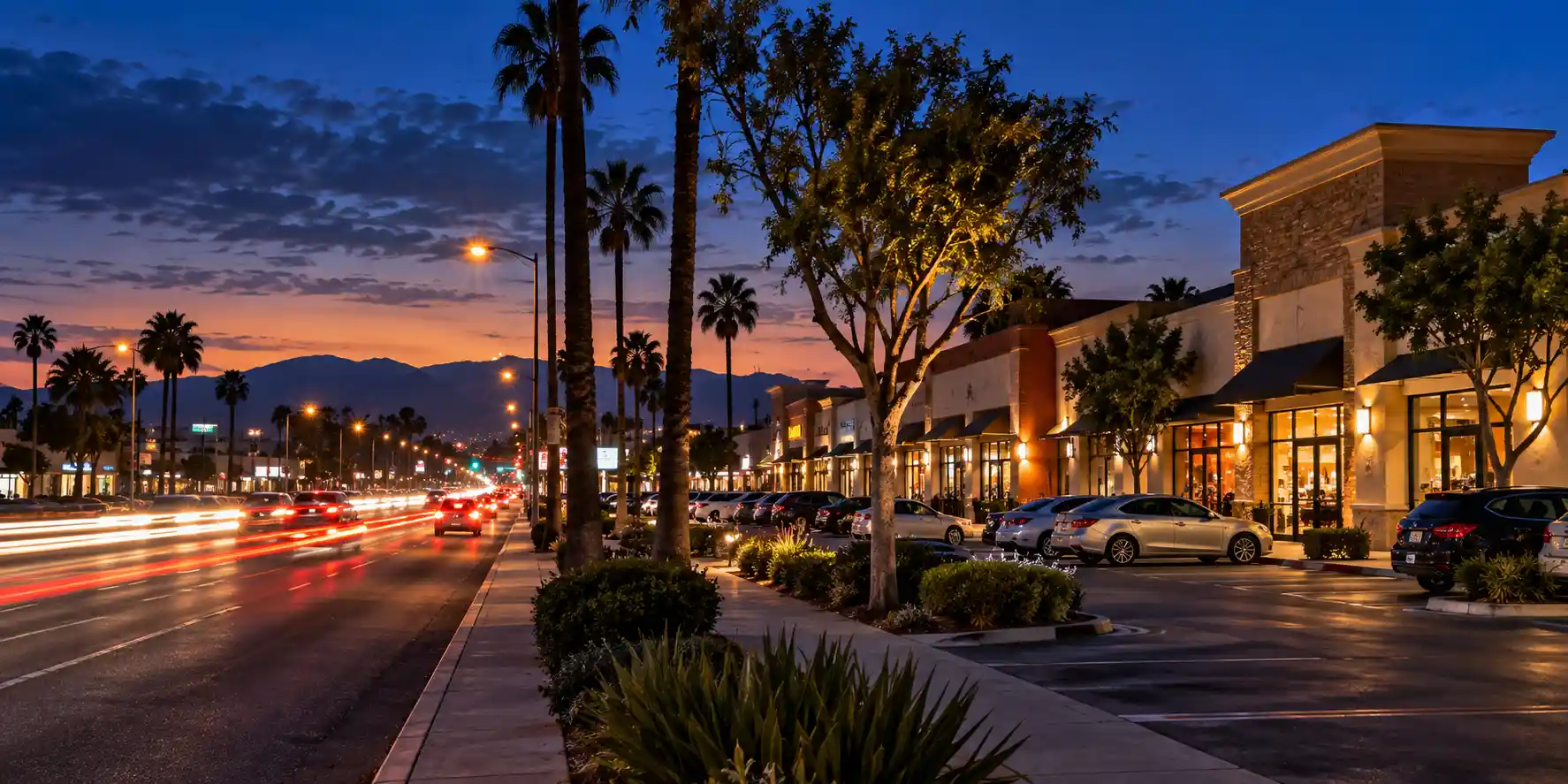 Storefronts along Garvey Avenue in South El Monte, CA at dusk