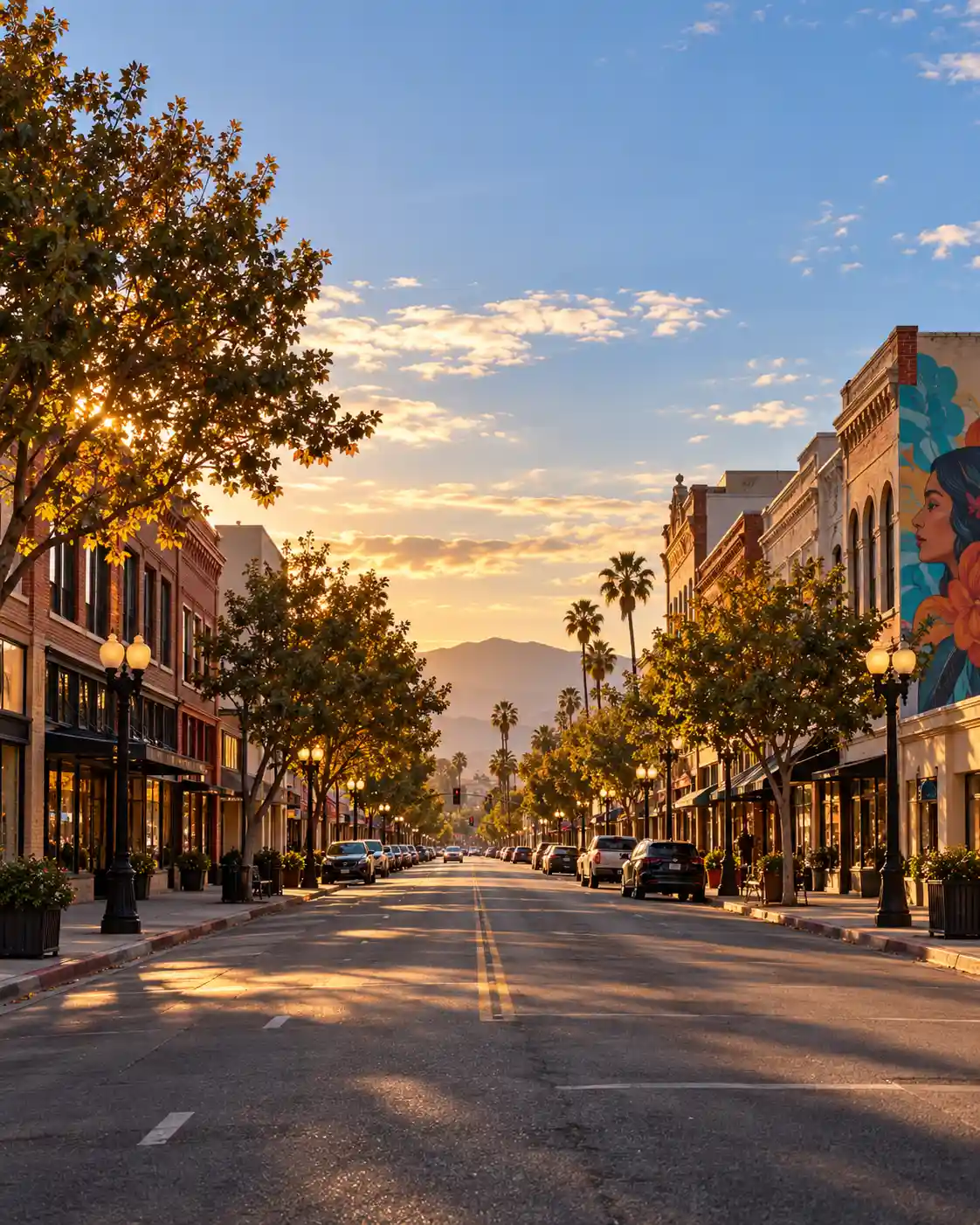 Storefronts and galleries on 2nd Street in the Pomona Arts Colony, downtown Pomona, CA