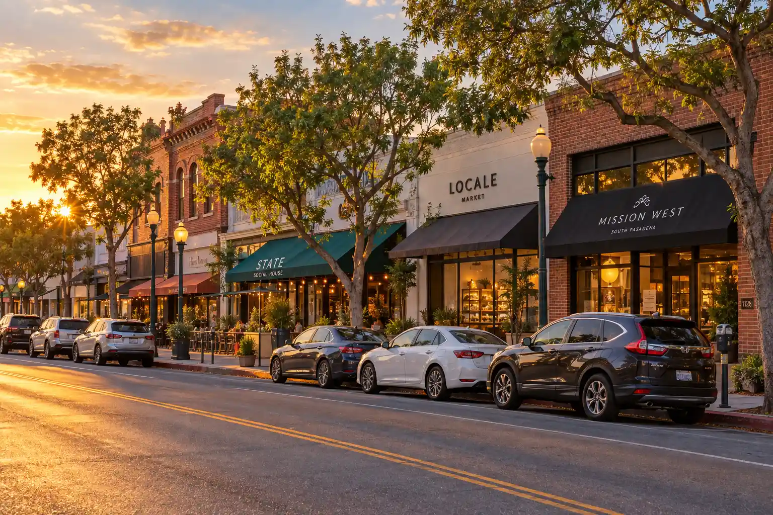 Storefronts on Mission Street in the Mission West district, South Pasadena, CA