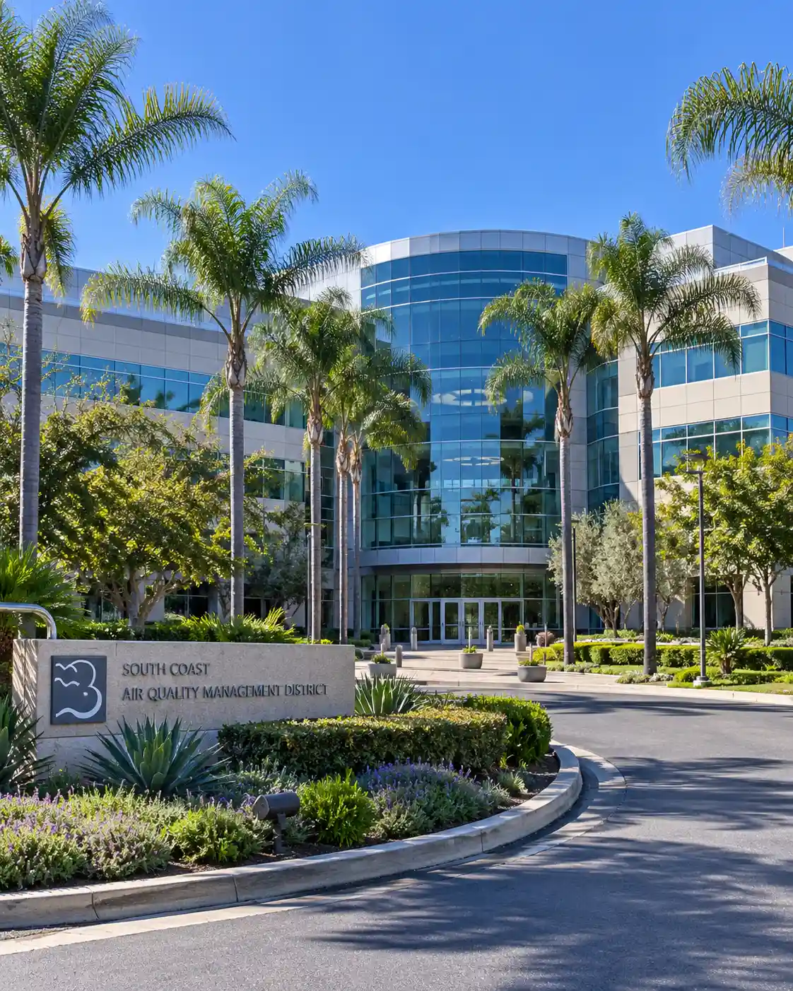 Office campus entrance with palm trees in the Gateway Corporate Center, Diamond Bar, California