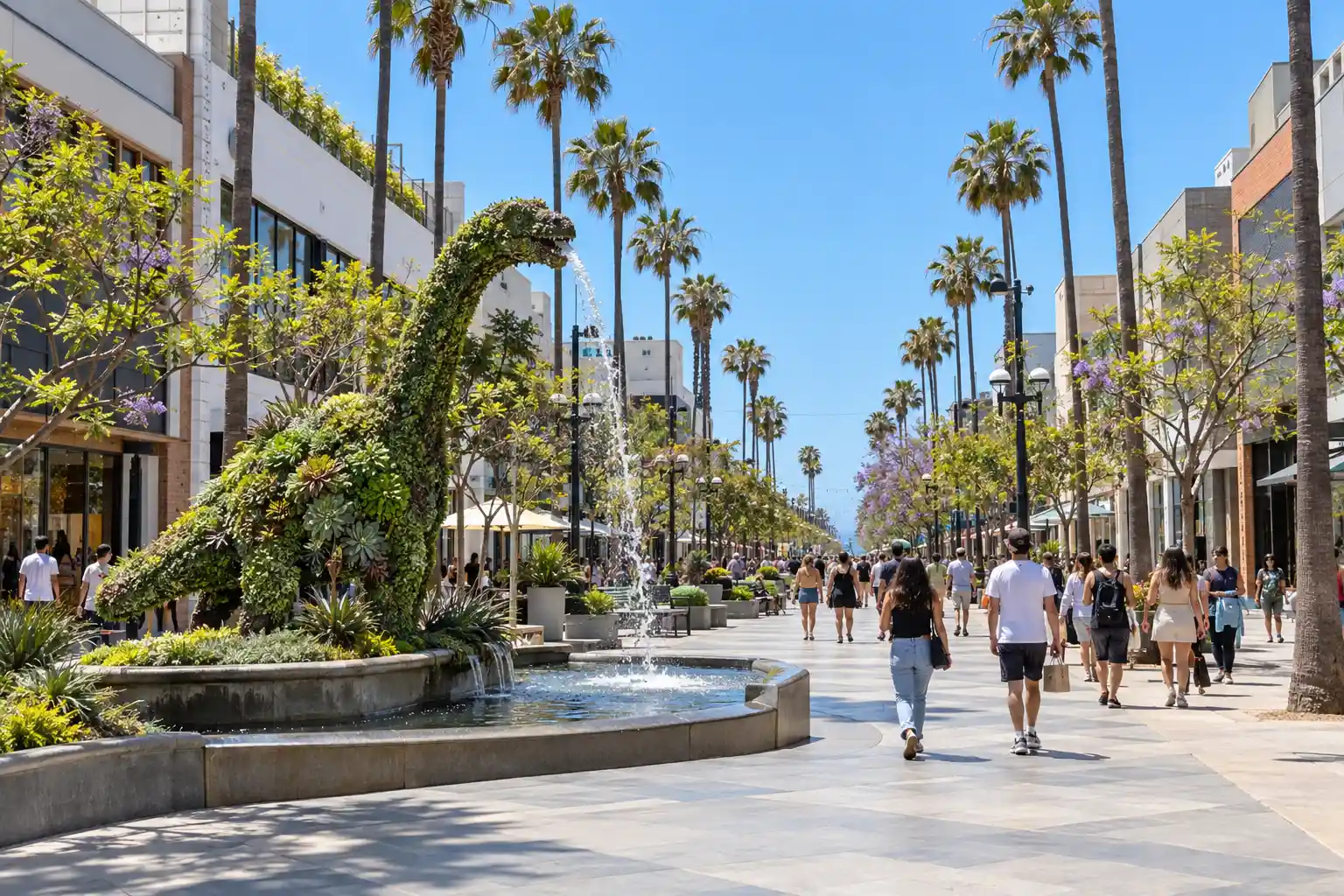 SEO Agency In Santa Monica, CA 1 Third Street Promenade with a dinosaur topiary fountain in Downtown Santa Monica, CA