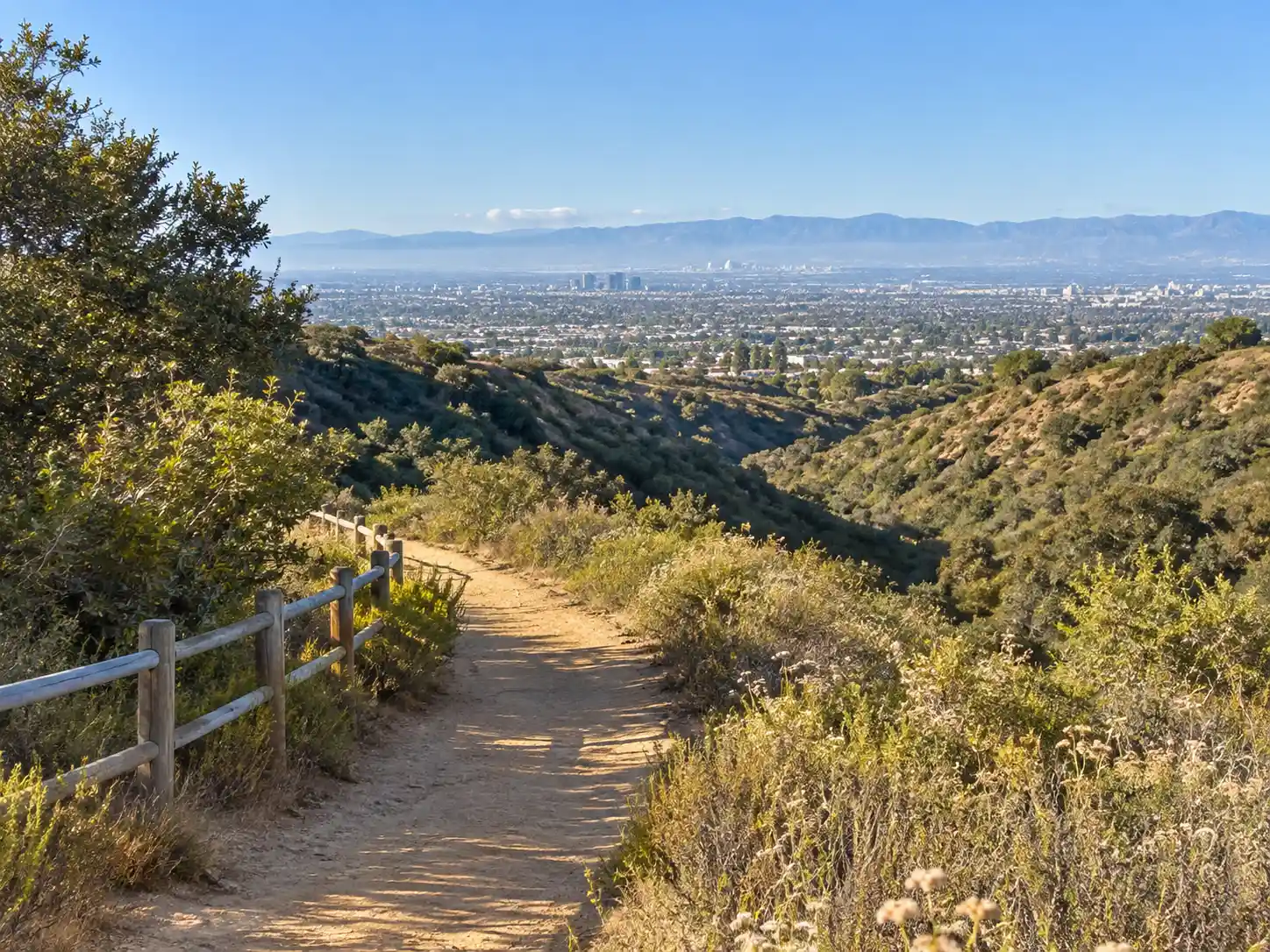 Trail through George F Canyon Nature Preserve with the LA Basin beyond, Rolling Hills Estates, CA