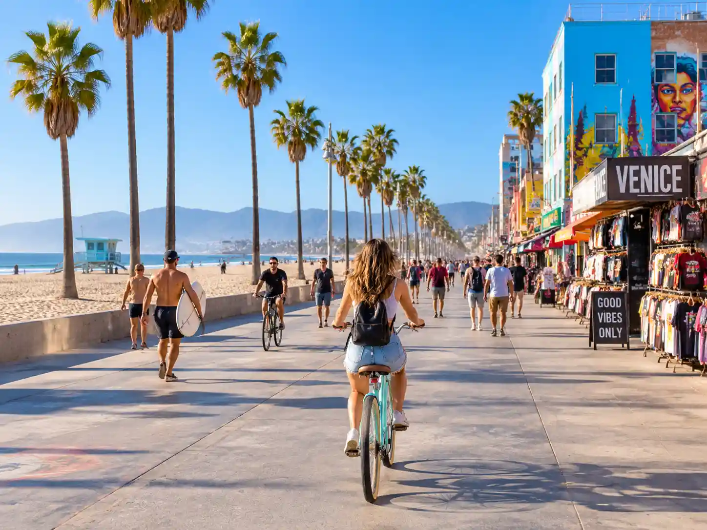 Venice Beach Ocean Front Walk and palm trees in Los Angeles, CA