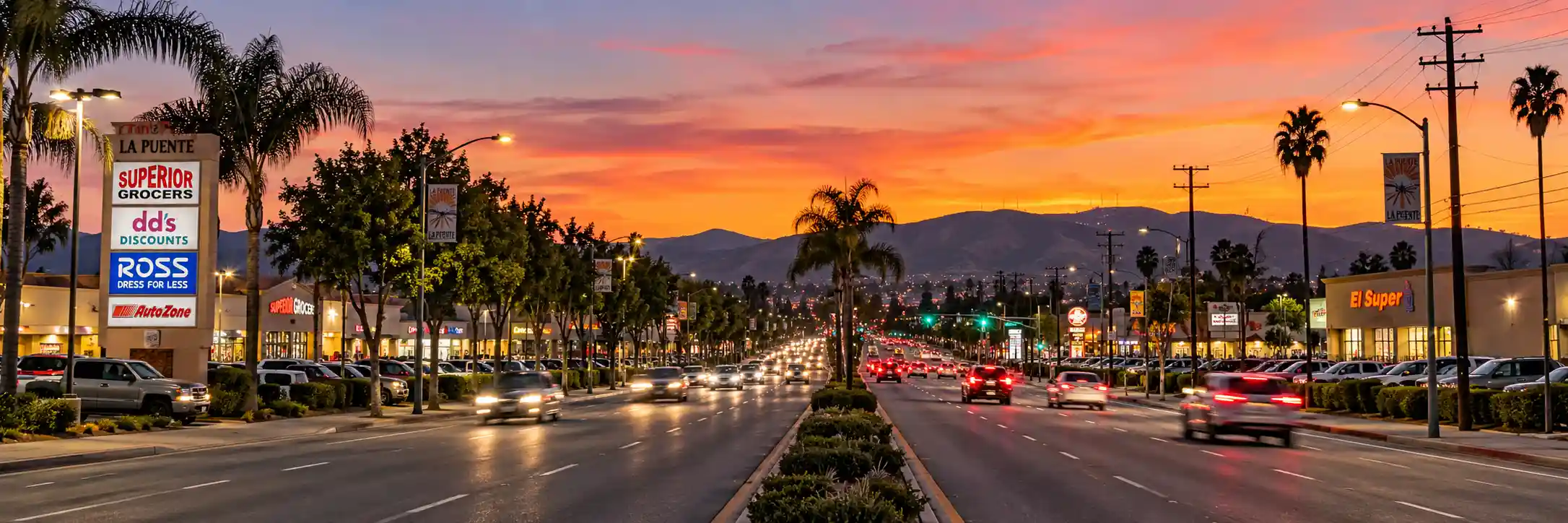 Hacienda Boulevard running through La Puente, California at dusk