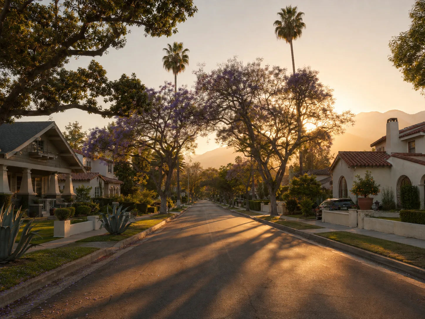 Craftsman and Spanish-style homes on a tree-lined residential street in Alhambra, CA