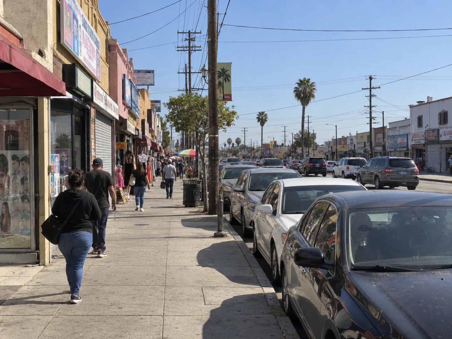 Storefronts along the Atlantic Avenue commercial corridor in Bell, CA