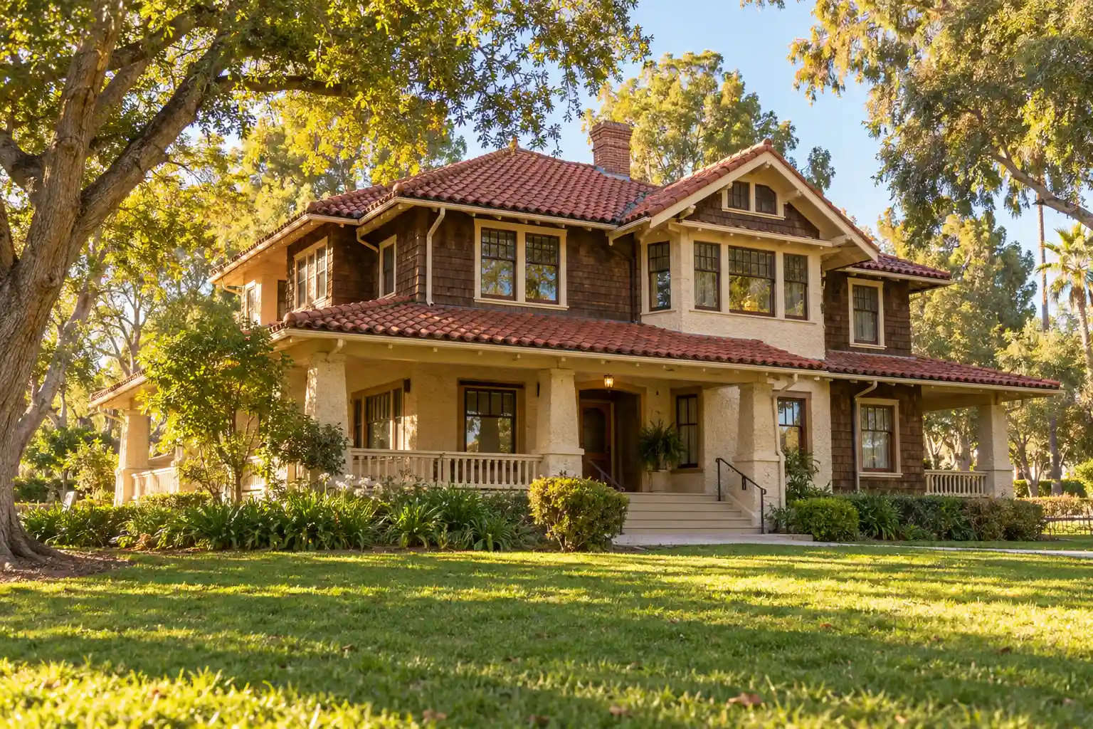 The historic Neff Estate home with its red tile roof in Neff Park, La Mirada, California