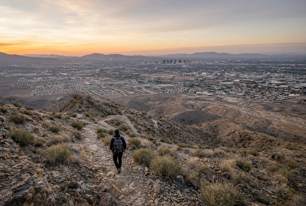 View of the Las Vegas Valley and the Strip from the Lone Mountain summit trail in Las Vegas, NV