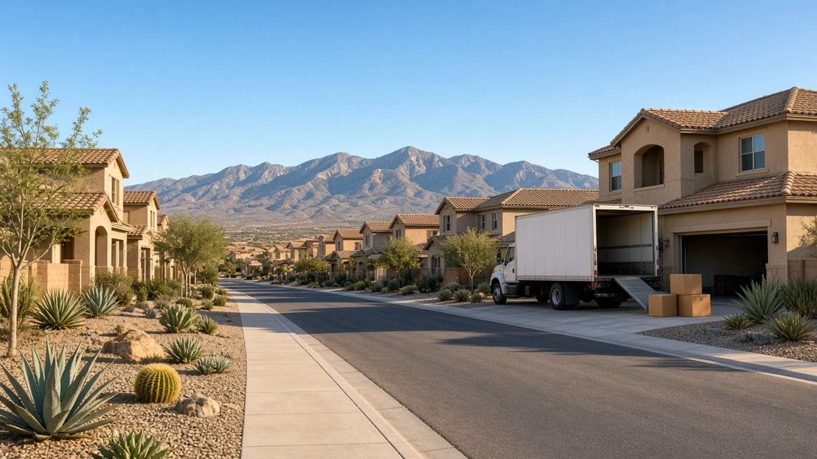 Moving truck outside a home in the Mountain's Edge community of Enterprise, NV, with the Spring Mountains behind