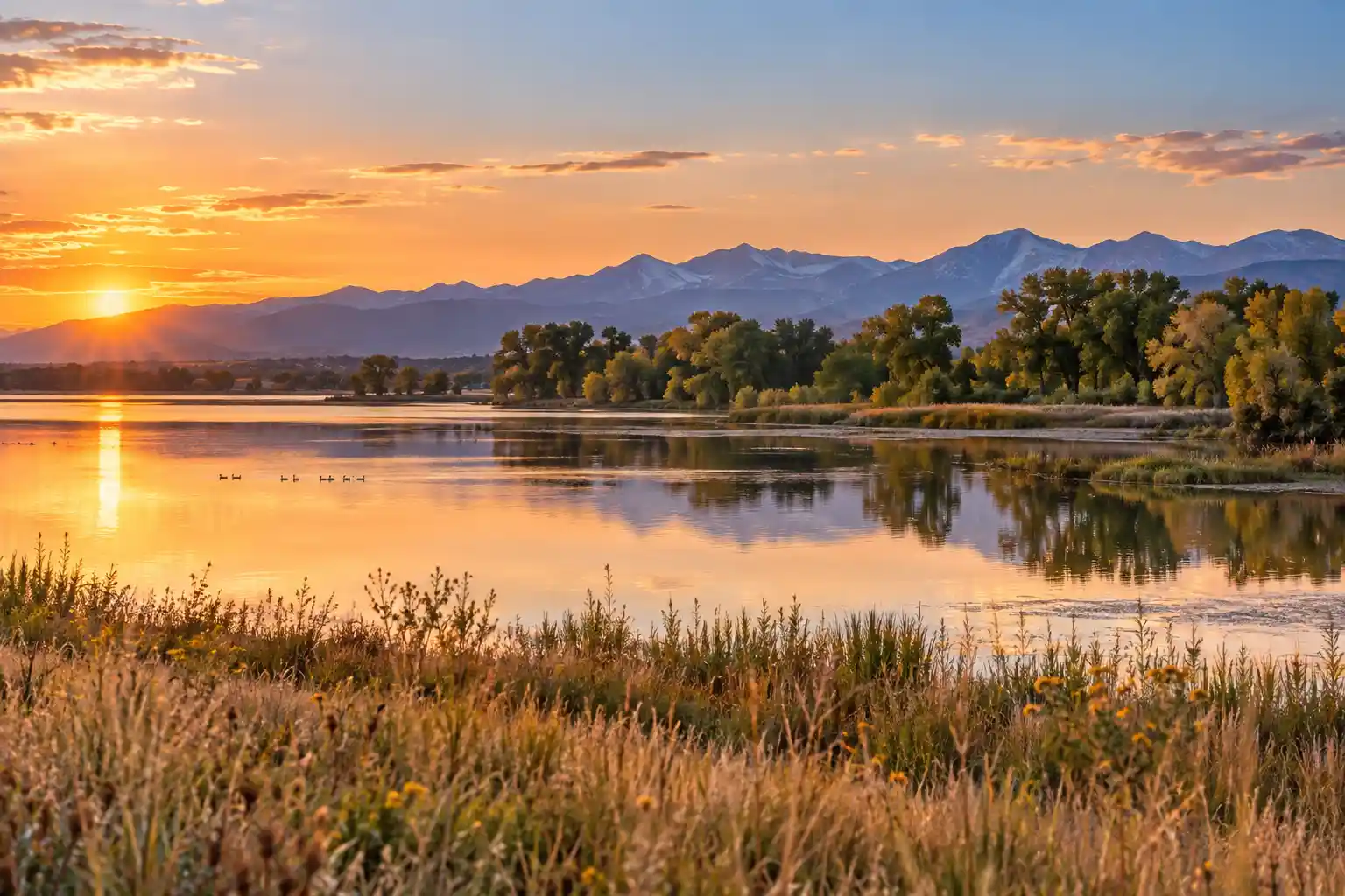Barr Lake State Park in Brighton, Colorado at sunrise with the Rocky Mountains behind