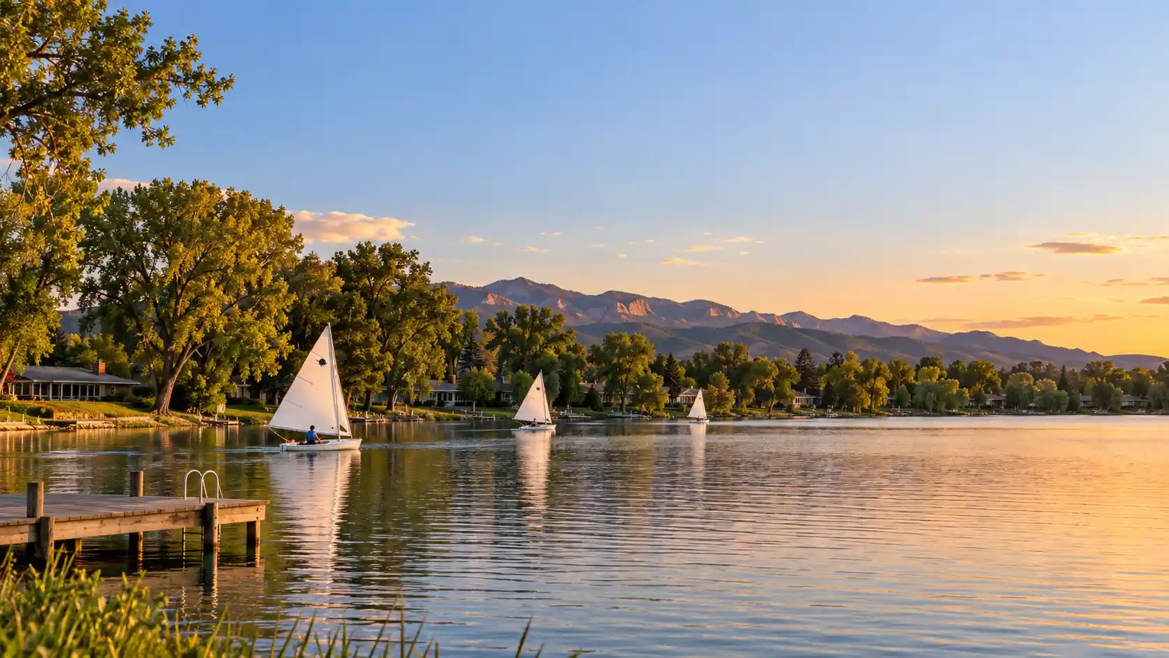Bowles Lake with sailboats at sunset in Bow Mar, CO