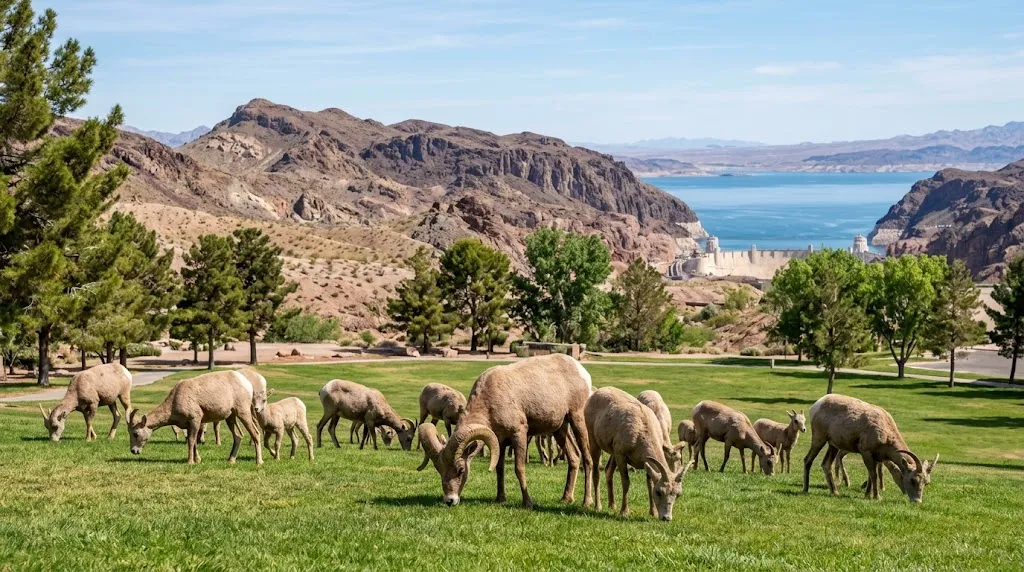 Desert bighorn sheep grazing at Hemenway Park in Boulder City, NV with Lake Mead in the distance