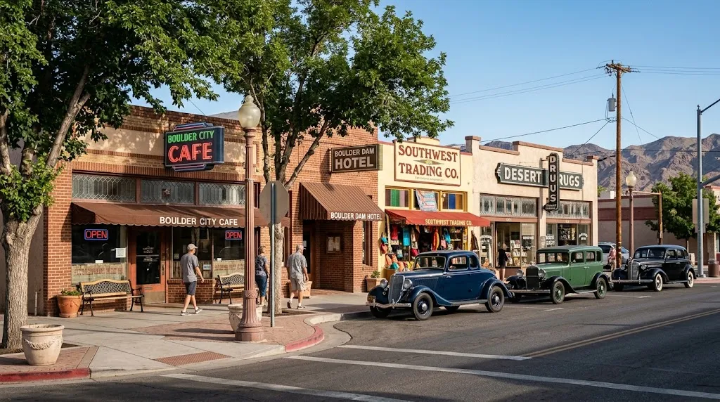Historic storefronts on Nevada Way in downtown Boulder City, NV