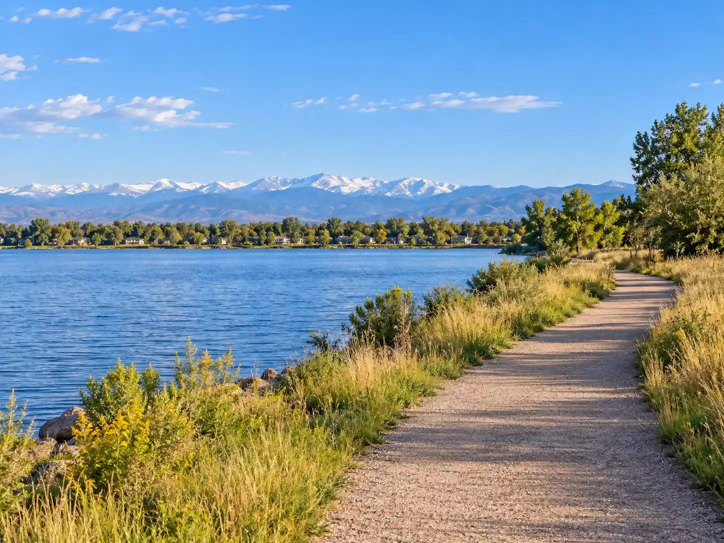 Marston Reservoir and the Bridal Path along Bow Mar Drive with Front Range views in Bow Mar, CO