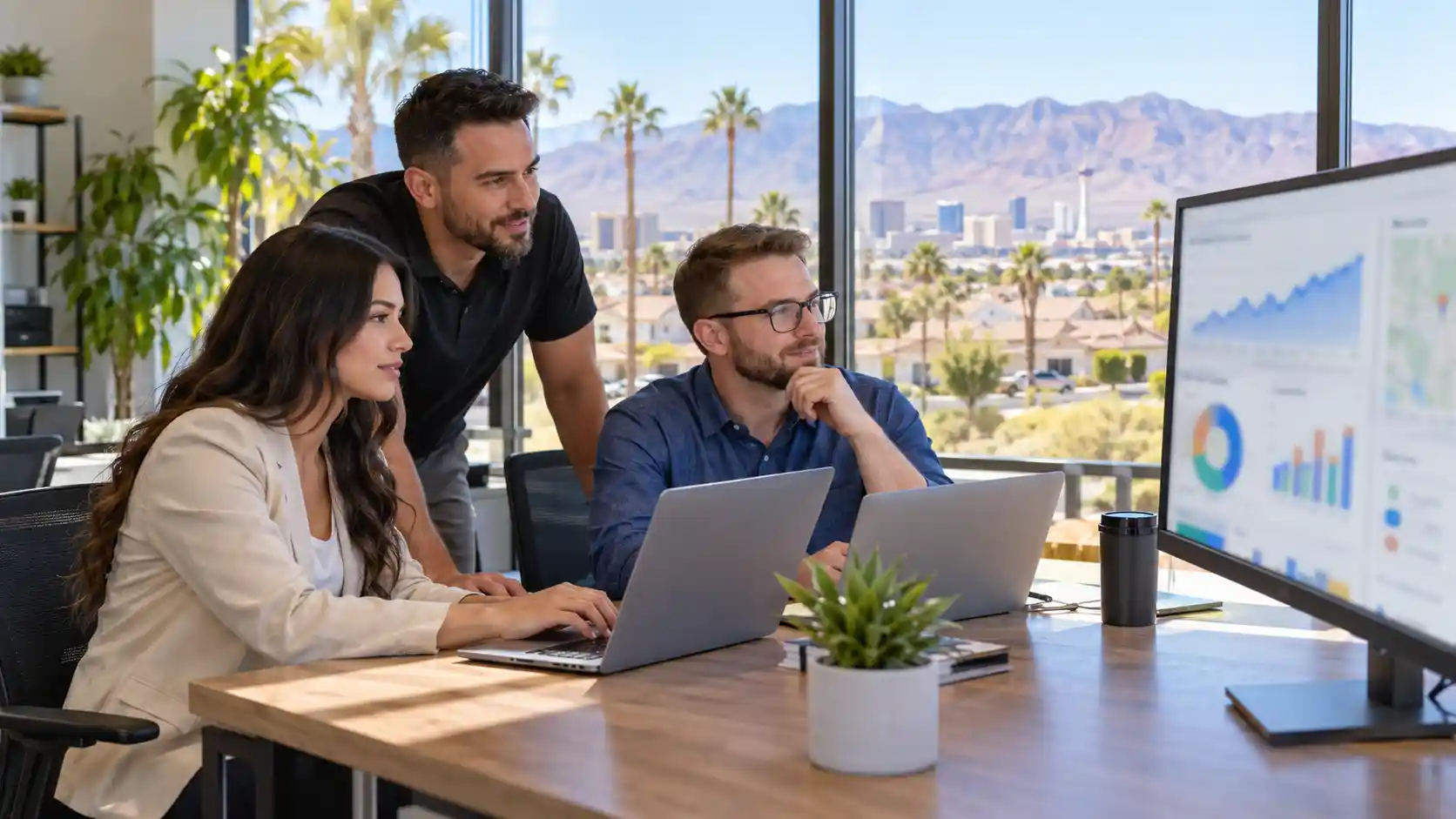 SEO specialists reviewing local search rankings for a Sunrise Manor, NV business