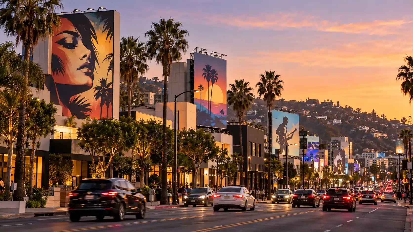 Sunset Strip billboards and traffic along Sunset Boulevard in West Hollywood, CA