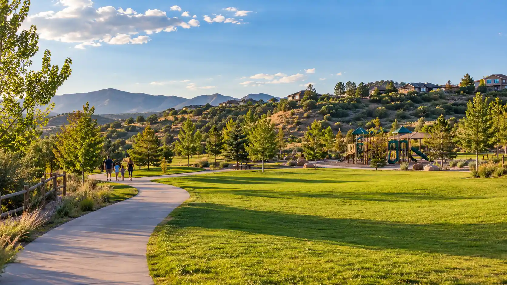 Walking path and lawns at Elk Ridge Park in Castle Pines, Colorado
