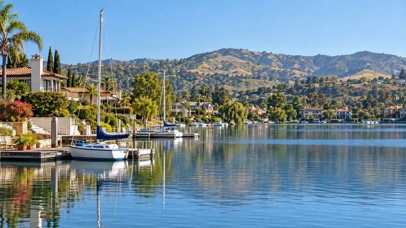 Westlake Lake and the surrounding hills in Westlake Village, California