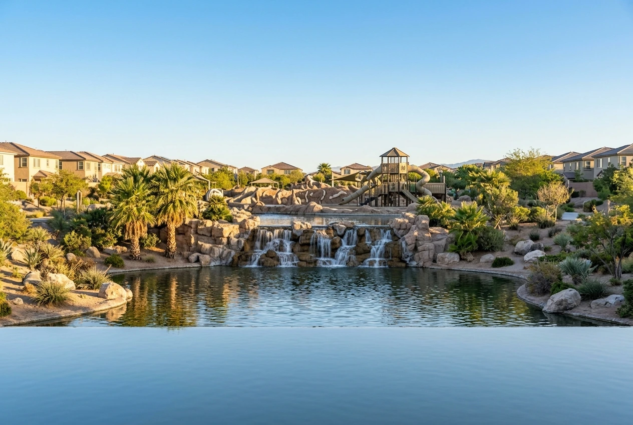 Lake and waterfall at Aliante Nature Discovery Park in North Las Vegas, Nevada
