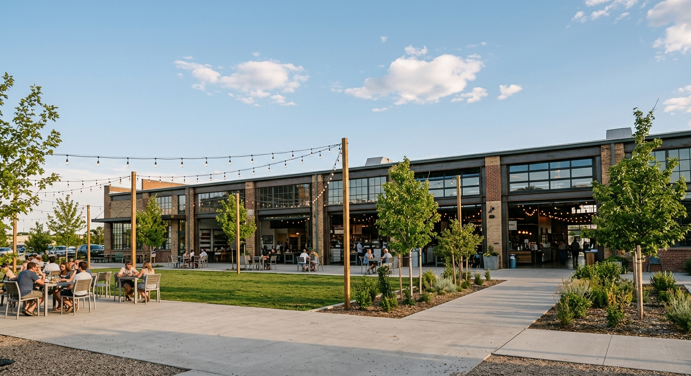 SEO Agency In Aurora, CO 3 Diners on the lawn and patio at Stanley Marketplace, a converted 1954 aviation plant in northwest Aurora, CO