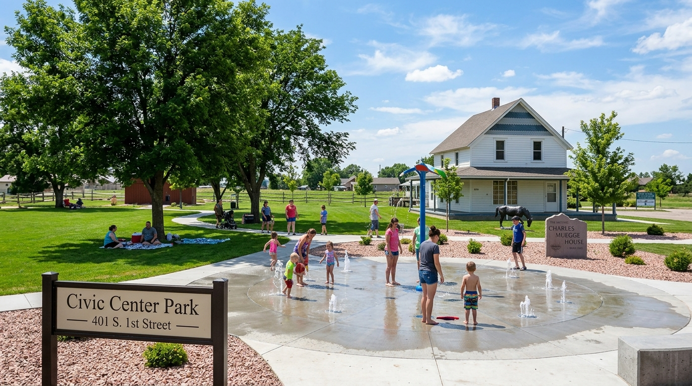 Civic Center Park splash pad and the Historic Charles Muegge House on South 1st Street in Bennett, CO