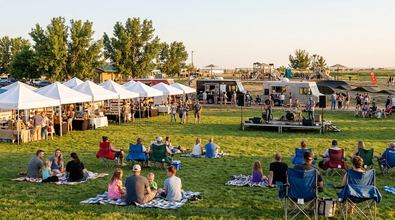 Party in the Park at Trupp Park in Bennett, CO with vendor tents, food trucks and live music