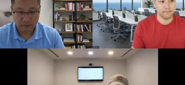 Business owners in Los Angeles discussing SEO strategy.