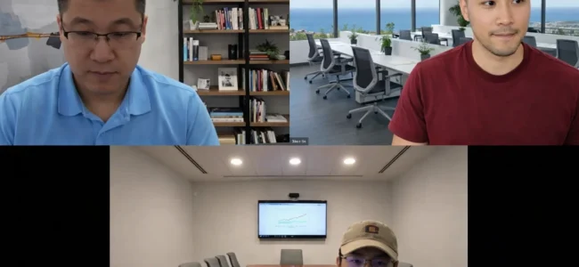 Digital marketing specialist reviewing SEO analytics with clients over video call in NYC, NY