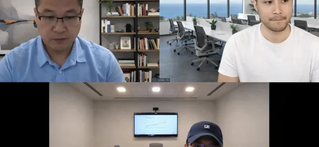 SEO professional reviewing traffic and conversion data with clients on a video call in NYC, NY