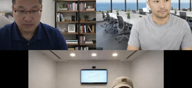 SEO specialist discussing website strategy with clients on Zoom in Los Angeles, CA