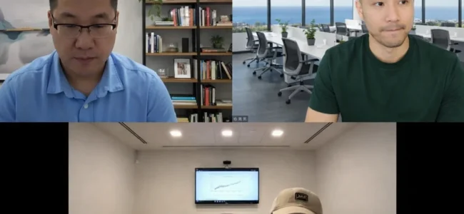 SEO strategist discussing website analytics and performance trends with clients via video call in NYC, NY